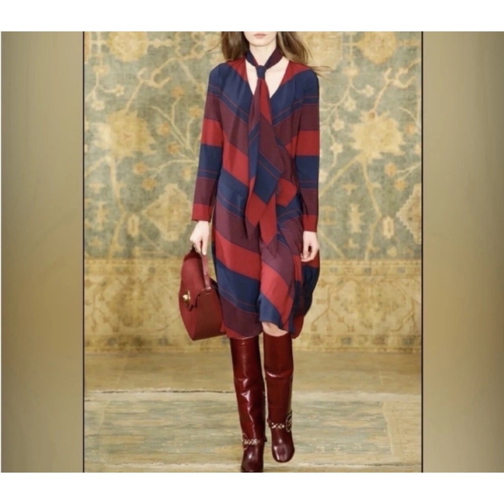 Tory Burch Faux Wrap Navy Red Striped Long Sleeve V‎ Neck Midi Dress Size 10
